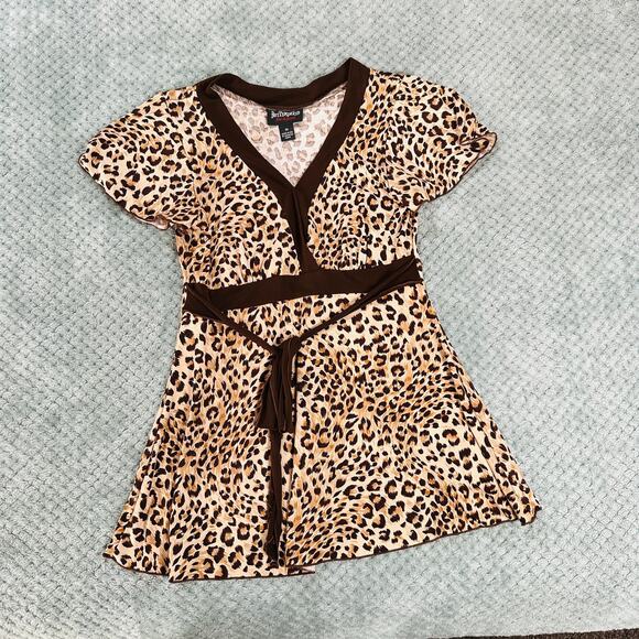 VINTAGE RETRO Y2K LEOPARD DARK BROWN BABYDOLL SHORT SLEEVE BLOUSE M - Picture 1 of 6